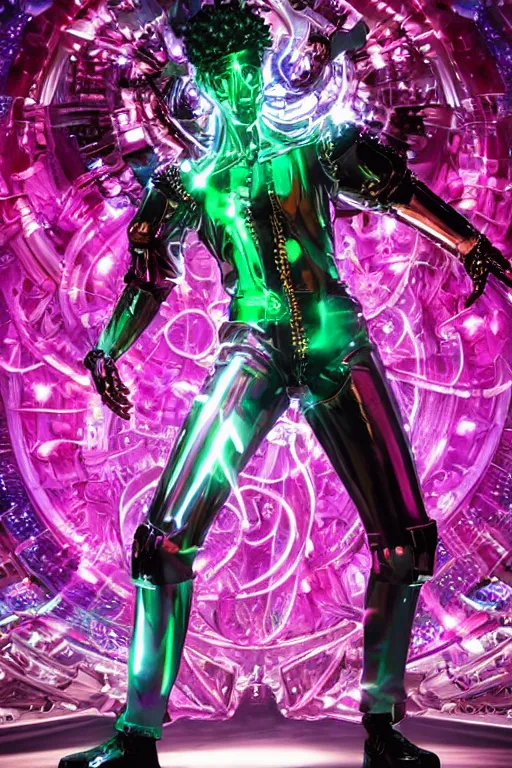 Image similar to full-body rococo and cyberpunk style crystal quartz sculpture of a young handsome seductive Cuban android gogo dancer reaching for the sky, glowing pink laser eyes, crown of white gears and diamonds, swirling green-colored silk fabric. futuristic elements. full-length view. intricate artwork by caravaggio. Trending on artstation, octane render, cinematic lighting from the right, hyper realism, octane render, 8k, depth of field, 3D