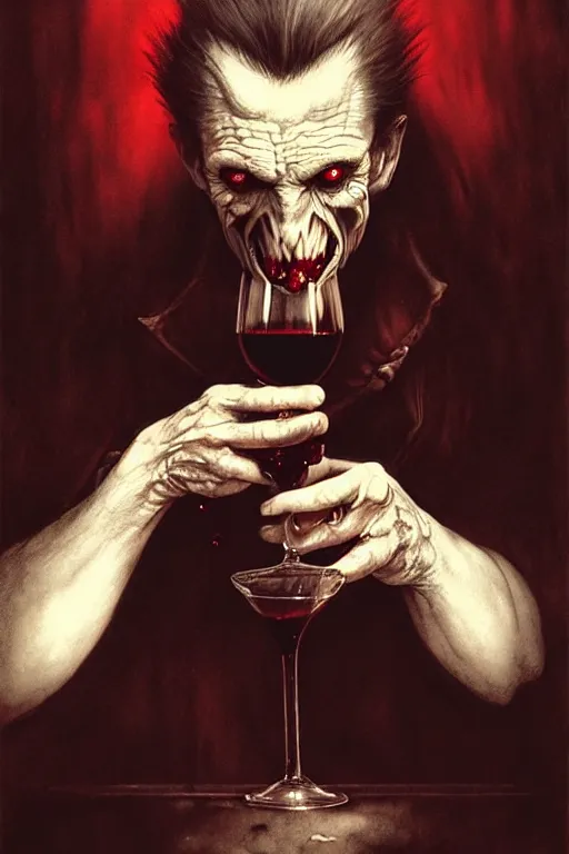 Prompt: old male vampire drinking red wine | esoteric symbolism | jean - baptiste monge, esao andrews, bastien lecouffe - deharme, tim jacobus, ken currie | ultra - detailed realism, soft cinematic lighting, hi - fructose, artstation, high - quality, ink watercolors wes anderson poster art