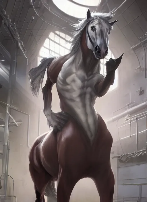 Image similar to splash art of an enormously muscular male anthro horse in a research facility wearing a skintight body armor, long white mane, furaffinity, anthro art, 8 k, unreal engine, by greg rutkowski, makoto shinkai and lois van baarle, ilya kuvshinov, rossdraws, tom bagshaw