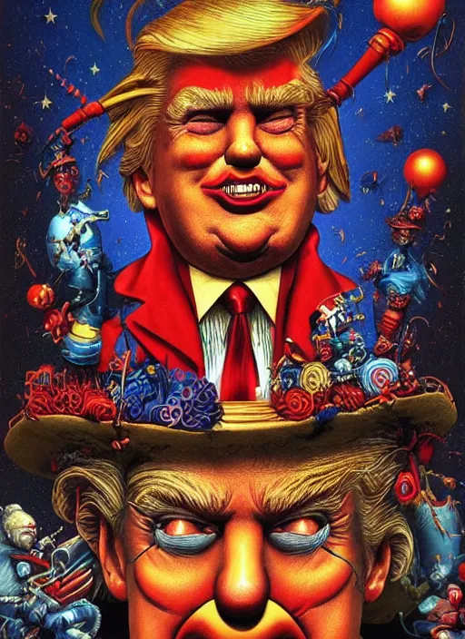 Image similar to donald trump sad clown, grotesque, horror, high details, intricate details, by vincent di fate, artgerm julie bell beeple, 80s, inking, vintage 80s print, screen print