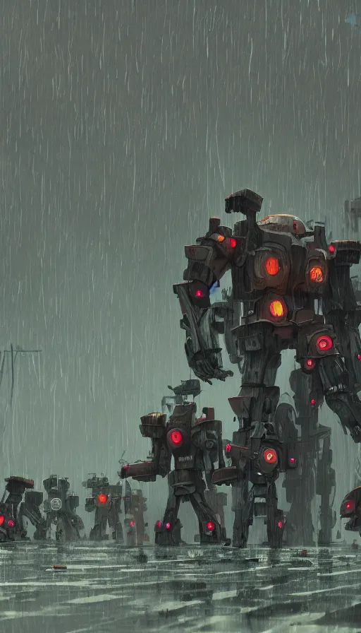 Image similar to a giant broken robots in rain after a huge battle, tired, rustic, dormant, sharp focus, james gilleard, cinematic, game art, extremely detailed digital painting, print