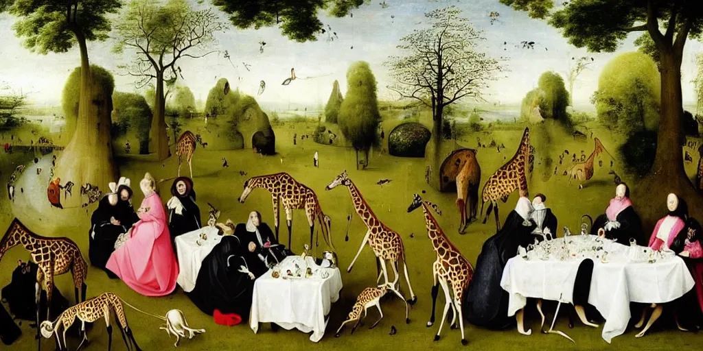 Image similar to elegant victorian tea party with giraffes in an english summer garden patio, hyper realistic hieronymus bosch - h 7 6 8