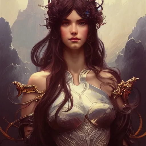 Image similar to full portrait of beautiful paladin elf man with long wavy dark hair, intricate, elegant, highly detailed, digital painting, artstation, concept art, smooth, sharp focus, illustration, art by Krenz Cushart and Artem Demura and Alphonse Mucha,