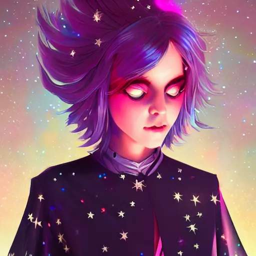 Prompt: a nonbinary changeling wearing a starry cloak, aurora colored hair, starry eyes, curious expression, character art, trending on artstation, artgerm, 4k ultra hd, sharp focus, digital art by Ilya Kuvshinov and Ross Tran,