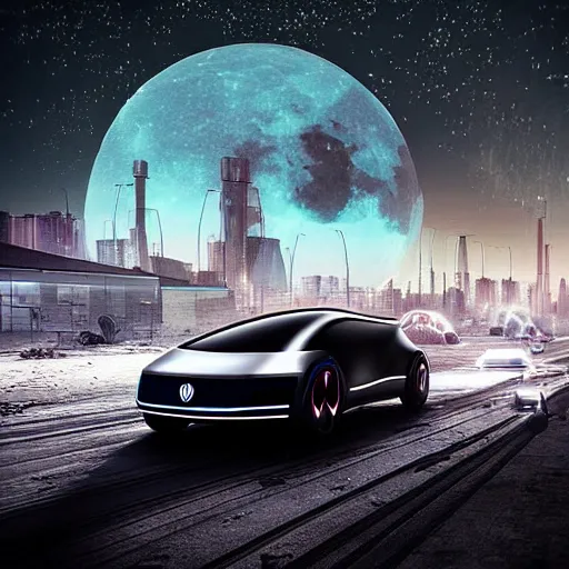 Image similar to Futuristic VW W16 in a Russian cyberpunk slum city called Neo Norilsk on the Moon, at night, diverse, lively, black sky full of stars, blinding sun, sci-fi, lots of flying cars, levitation, cyberpunk outfits, photorealistic, grainy, 35mm, intricate, very very beautiful, elegant, smooth, cinematic, Unreal Engine 5, by Beeple, trending on Artstation HD