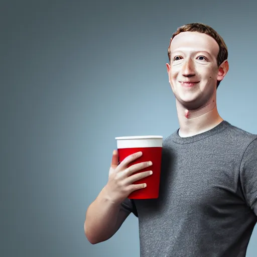 Image similar to Mark Zuckerberg as a holding a cup coaster EOS-1D, f/1.4, ISO 200, 1/160s, 8K, RAW, unedited, symmetrical balance, in-frame, Photoshop, Nvidia, Topaz AI