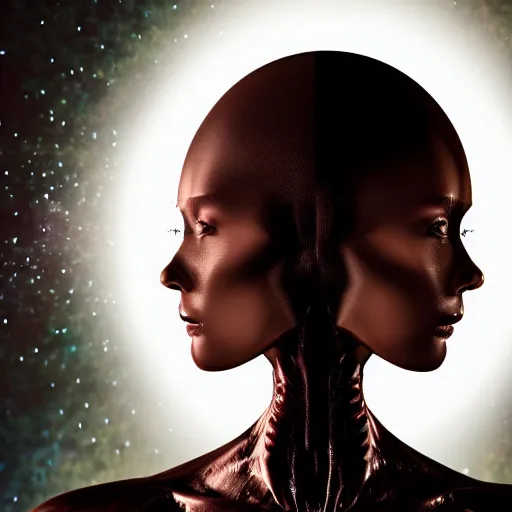 Prompt: an 8 k ultra realistic magazine editorial photo shoot digital camera pic of a superior alien species creating woman at the beginning of time