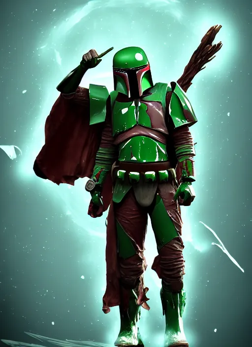 Prompt: arcane wizard x boba fett, fantasy inspired boba fett as a wizard, 3 d digital art, character mashup, epic volumetric lighting, combination art, photorealistic, sharp focus, aesthetic