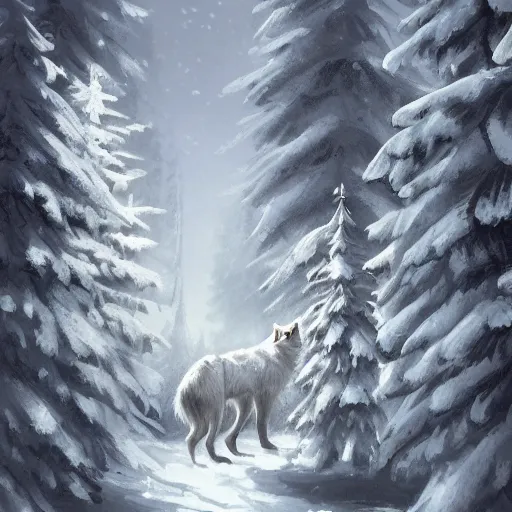 Prompt: a white wolf! on a snowy ( forest ) near a village!!, texture, intricate, details, highly detailed, masterpiece, architecture, building, trending on artstation, focus, sharp focus, concept art, digital painting, fantasy, sunny, day, midday