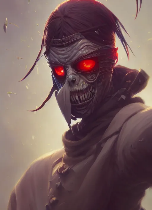 Prompt: Highly detailed portrait of an undead ninja, Stephen Bliss, unreal engine, fantasy art by Greg Rutkowski, Loish, Rhads, Makoto Shinkai and Lois van baarle, ilya kuvshinov, rossdraws, Tom Bagshaw, global illumination, radiant light, detailed and intricate environment