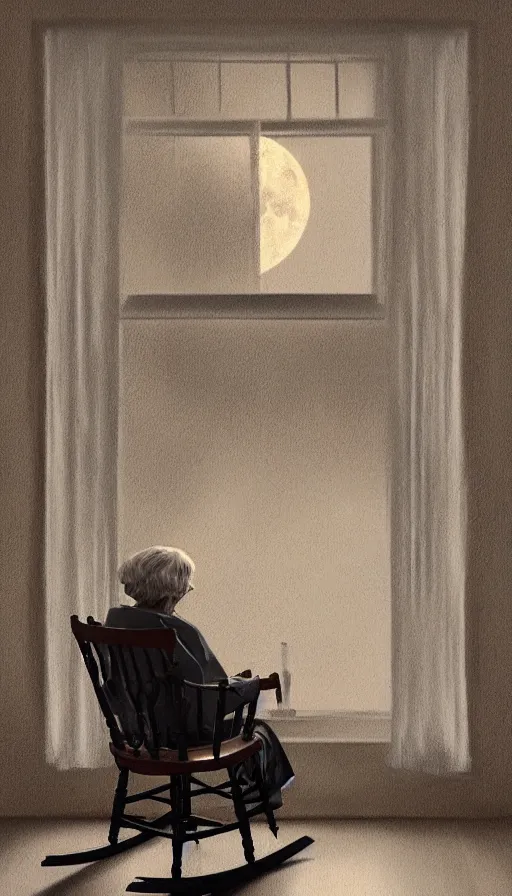 Prompt: portrait of an old lady in a rocking chair looking out of the window at the moon. old house. hyperdetailed, artstation, cgsociety, 8 k