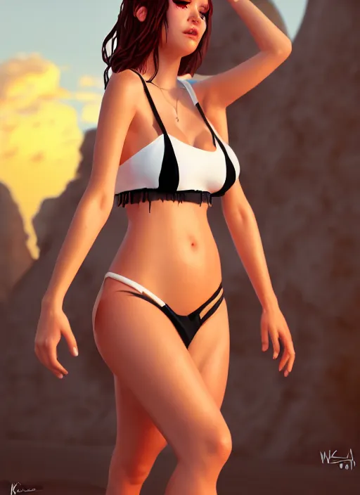 Image similar to bella poarch, sunset, wearing a black bikini top and a short white wet skirt, hyper detailed, digital art, trending in artstation, cinematic lighting, studio quality, smooth render, frostbite 3 engine rendered, art style by klimt and nixeu and ian sprigger and wlop and krenz cushart