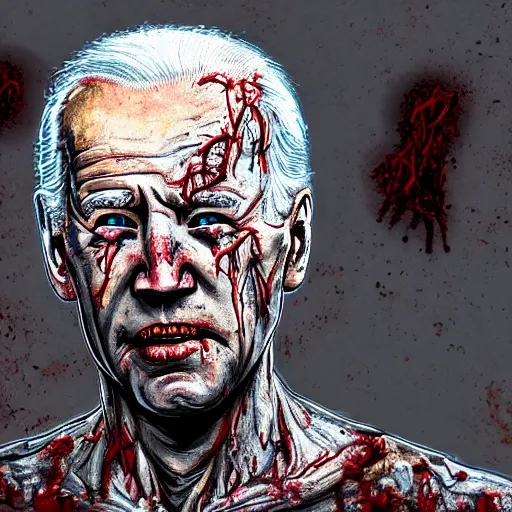 Image similar to joe biden as a rotting zombie, full body portrait, in a front of podeum, horror core, apocalyptic, feeling of grimdark, sharp focus, fiction, hyper detailed, digital art, trending in artstation, cinematic lighting, studio quality, smooth render, unreal engine 5 rendered, octane rendered, art style and nixeu and wlop and krenz cushart