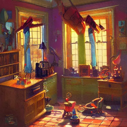 Image similar to an old dusty Victorian era toymaker's shop interior lit by a large window in the style of Craig mullins and colorful + a large toy rocket sits on the floor, center in room.