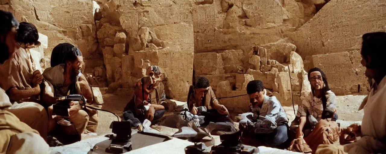 Prompt: ancient egyptians discover a nintendo 6 4 inside a pyramid, national geographic, canon 5 0 mm, cinematic lighting, photography, retro, film, kodachrome