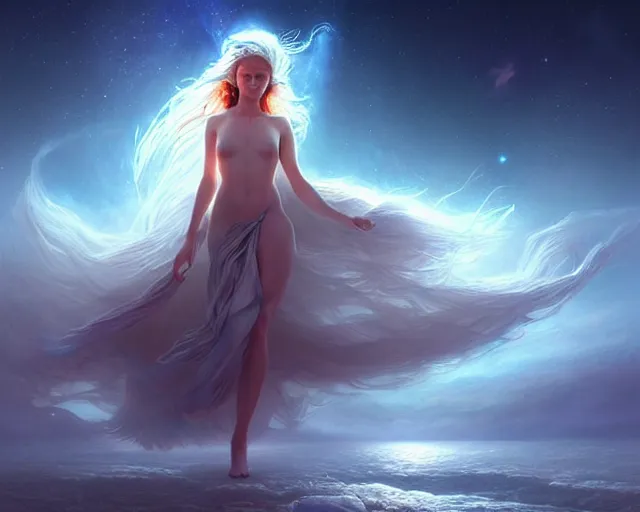 Prompt: a lone beautiful ethereal spirit running faster along the shimmering crystalline shores of eternity, universe and planets and stars in the sky, unusual surreal, gorgeous artwork by artgerm, rutkowski, wlop, detailed, dramatic lighting
