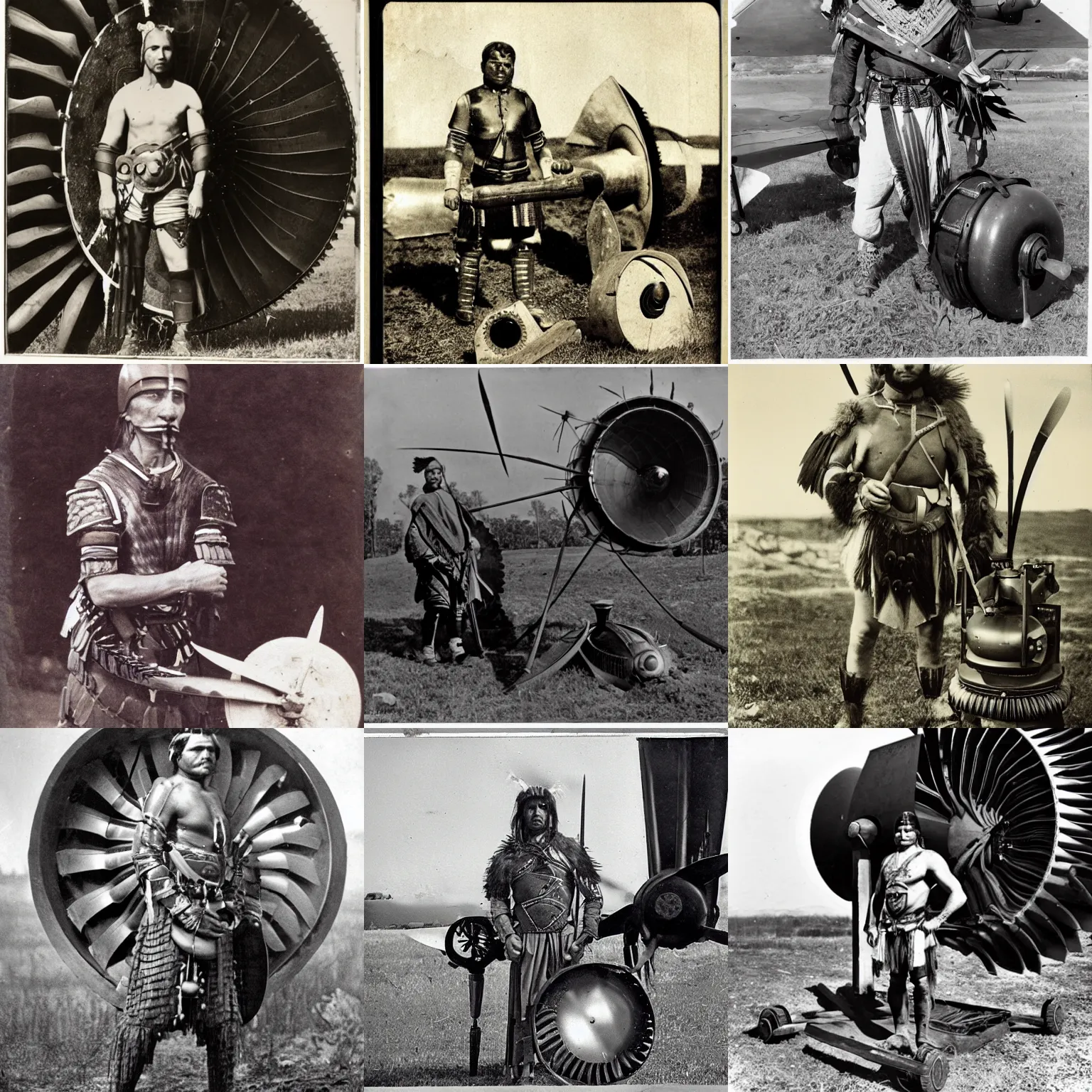 Prompt: portrait of Iroquois warrior next to ancient jet engine drone, vintage old photo