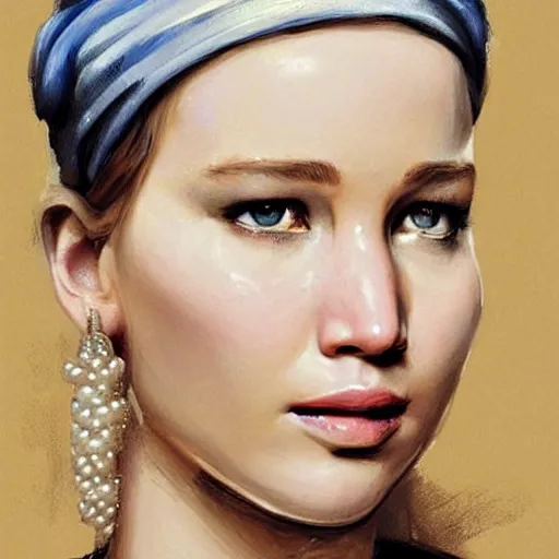 Prompt: portrait of Jennifer Lawrence in the style of Girl with a Pearl Earring by Johannes Vemeer, oil painting, masterpiece, old master, grand master, symmetrical facial features, intricate, elegant, digital painting, concept art, smooth, sharp focus, illustration, from StarCraft by Ruan Jia and Mandy Jurgens and Artgerm and William-Adolphe Bouguerea, rule 34