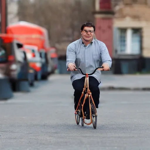 Prompt: a man with a miniature bicycle on his head