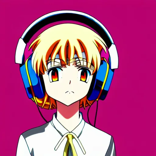 Image similar to An anime character's head wearing retro headphones. 90s anime, Sailor Moon, Neon Genesis, official art, flat cell shading, fantastic screenshot art, trending on artstation, muted nostalgic colors