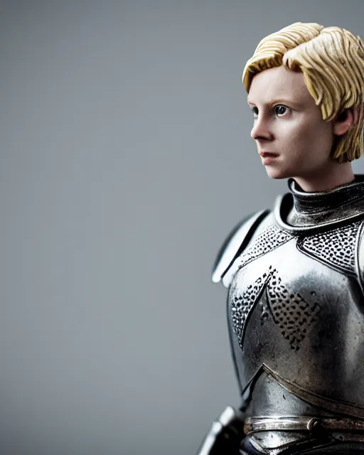 Image similar to portrait of a figurine of brienne of tarth from the fantasy series game of thrones. glossy. silver helmet, silver shoulder pads. shallow depth of field. suit of armor.