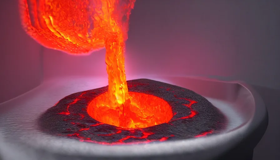 Prompt: lava flowing out of a tap into the sink, cinematic dramatic lighting, warm glow, dimly lit, 3d realistic, HD photography 4k