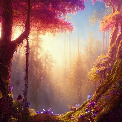 Prompt: a beautiful hyper realistic detailed matte painting of a serene forest of faeries, moss and flowers, butterflies by night, by Moebius and John Howe and Albert Bierstadt and Alena Aenami, unreal engine, trending on artstation, barometric projection, rectilinear