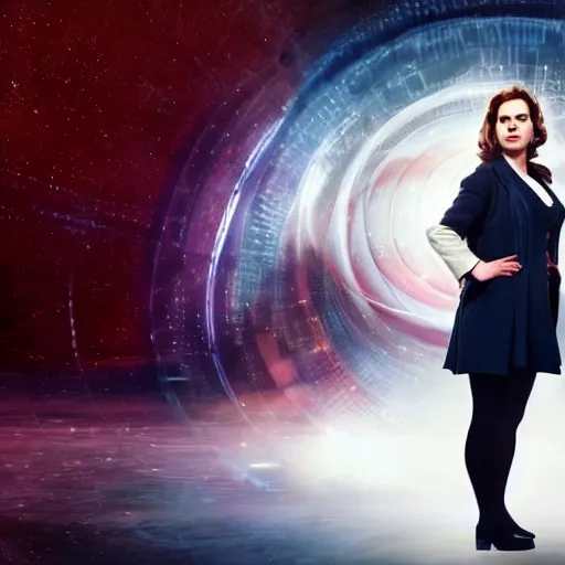 Image similar to a beautiful full body photograph of hayley atwell as'doctor who ', time vortex in the background, detailed face, symmetrical face, extreme realism and detail, 8 k, completely framed, direct lighting, 3 5 mm photo, photorealistic, sharp focus