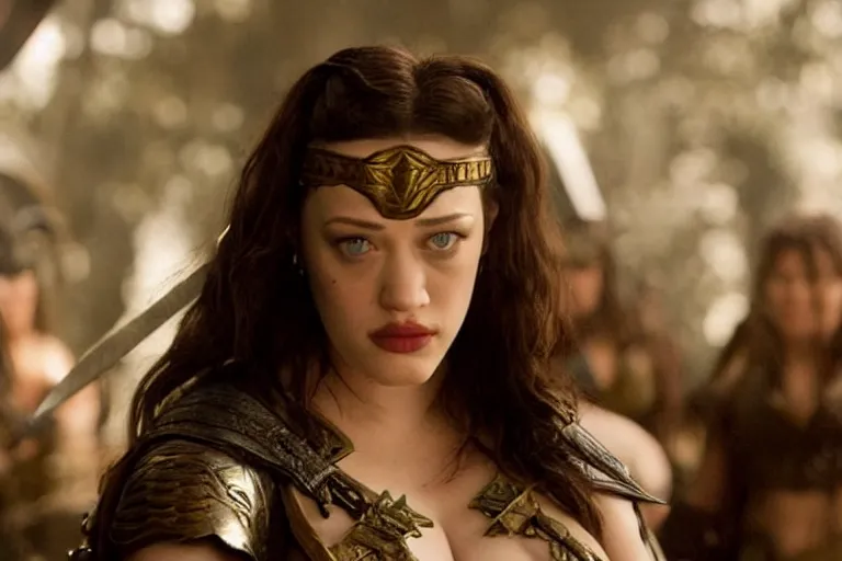 Prompt: A film still of an Kat Dennings as a Xena Warrior Princess, high detail