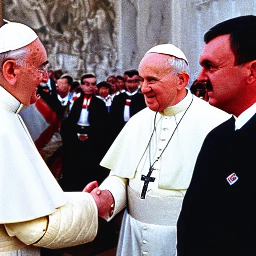 Prompt: pope john paul ii shaking hands with adolf hitler, realistic picture