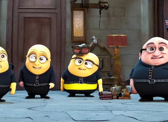 Prompt: Danny DeVito cast as Gru with his minions, still from Despicable Me 2010