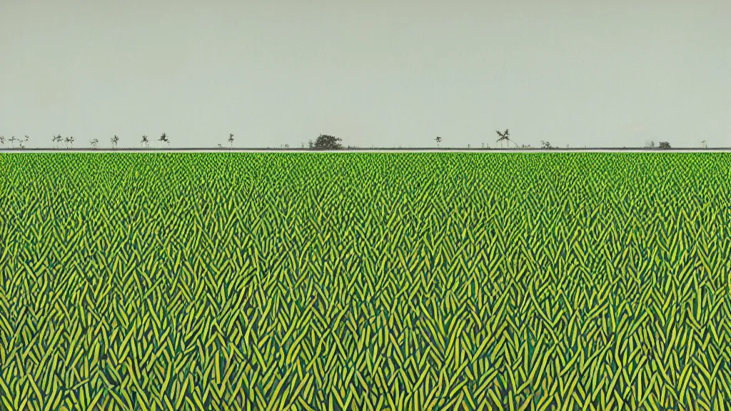 Prompt: sugar cane field, okinawa japan, a collage painting, in the style of wes anderson, lola dupre, david hockney, isolated on negative white space background dark monochrome neon fluorescent spraypaint accents volumetric octane render