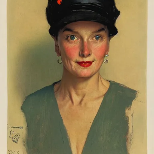 Prompt: frontal portrait of a woman wearing a kasa hat, by norman rockwell