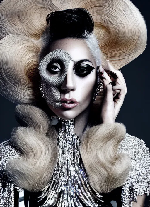 Image similar to lady gaga styled by nick knight posing, chromatica album inspired, photohoot, set pieces, intricate set, vogue magazine, canon, highly realistic. high resolution. highly detailed. dramatic. 8 k. 4 k.