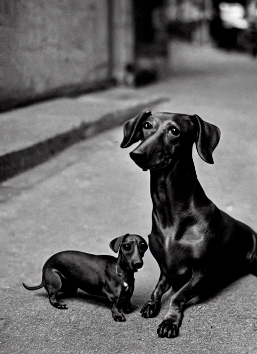 Prompt: Portrait of a dachshund struggling during the Great Depression, Leica m6, 85mm, fine-art photography, f/1.8, by Steve McCurry