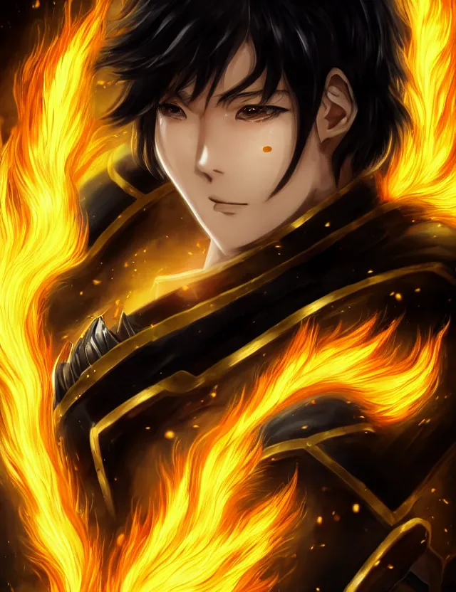 Image similar to a detailed manga portrait of a black haired man with hazel eyes in gleaming golden armour that burns with golden fire, trending on artstation, digital art, 4 k resolution, detailed, high quality, sharp focus, hq artwork, coherent, insane detail, character portrait