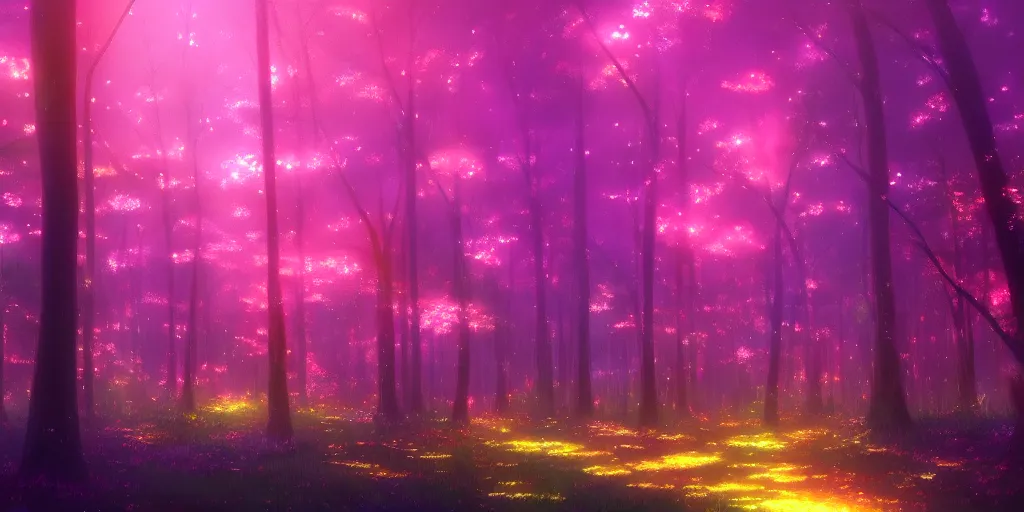 Prompt: beautiful anime painting of a psychedelic forest, glowing trees, nighttime, by makoto shinkai, koto no ha no niwa, artstation, atmospheric.