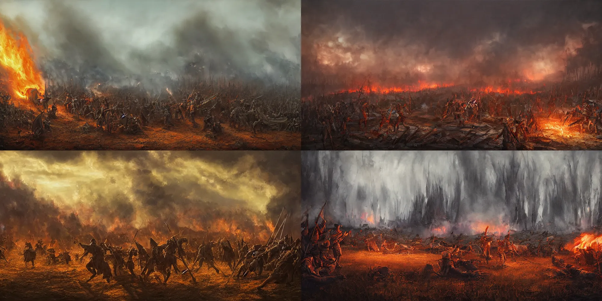 Image similar to painting of the battleground, the corpses of knights lie, a small fire blazes in the distance, epic artwork, atmospheric light, muted tones, by Evgeny Botvinnik