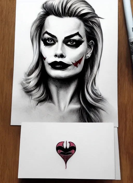 Prompt: tattoo design sketch of beautiful margot robbie portrait with joker makeup, holding an ace card, in the style of den yakovlev, realistic face, black and white, realism tattoo, hyper realistic, highly detailed