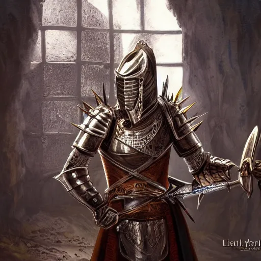 Image similar to knight, fantasy art, located in a castle, legendary spiky armor, morning sunlight through the window, decorated, high quality, highly detailed, 4 k