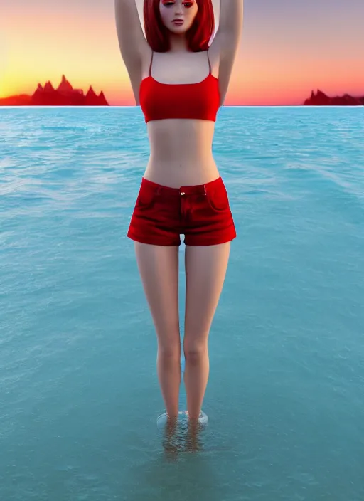 Image similar to gorgeous girl, symmetrical face, short red hair, crop top, daisy dukes shorts. by art germ, trending on artstation, unreal engine, octane render, cinematic, ultra detailed, 4 kmagical, lights, sunset, mysterious, serene, sunlight, ocean, flowing, floating water, splashing water, glowing, mystical, mysterious, lights, bokeh. 4 k