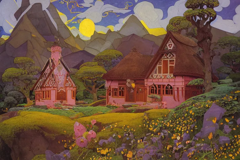 Prompt: the enchanted cottage and gardens of a wise woman on a mountaintop, dramatic cinematic lighting, folk-art carved painted wood house, rich colors, by Nicholas Roerich and William Dyce and ford madox brown and April Gornik and Caspar David Friedrich and Diego Rivera and Tyler Edlin and Ivan Bilibin, featured on artstation