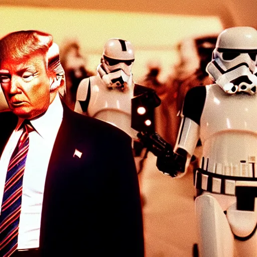 Prompt: photo of Donald Trump in the movie Star Wars: Episode VII, cinestill, 800t, 35mm, full-HD