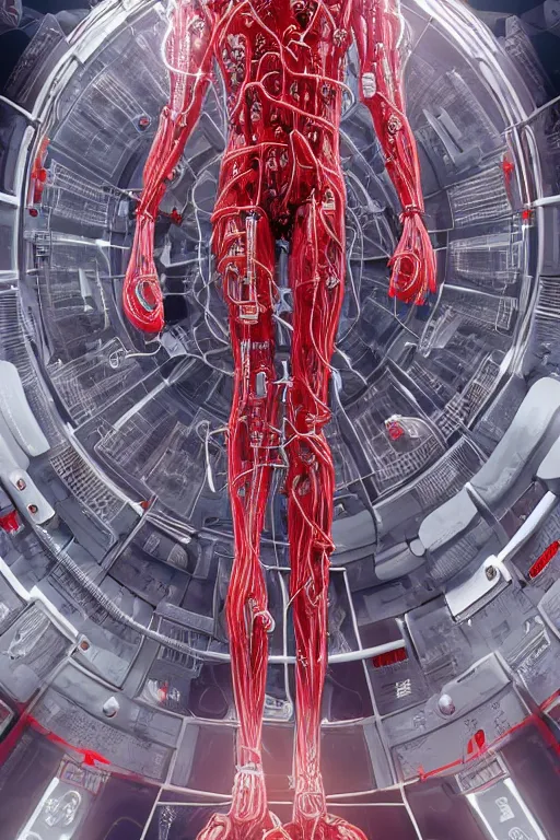 Image similar to jesus space station interior white cross cross inflateble shapes wires tubes veins wires tubes veins jellyfish white biomechanical details a statue jesus on cross made of red marble hands nailed to a cross perfect symmetrical full shot, wearing epic bionic cyborg implants masterpiece, intricate biopunk highly detailed artstation concept art cyberpunk octane render