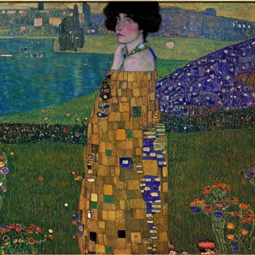 Image similar to a portrait of two beautiful sisters in a scenic environment by gustav klimt