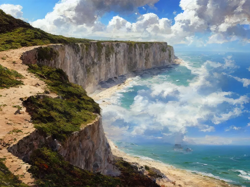 Prompt: The Cliffs of Dover with ruins on top and foliage on the right side, beach in the middle and blue skies, ocean and cumulonimbus clouds on the left, acrylic painting, highly detailed, saturated colors, by michael garmash and greg rutkowski trending on artstation
