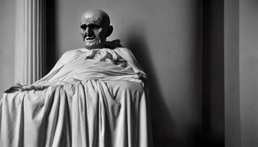 Prompt: 1 9 6 0 s movie still of chrysippus dying by laugh mouth large open in drapery in a neoclassical room with columns, cinestill 8 0 0 t 3 5 mm b & w, high quality, heavy grain, high detail, texture, dramatic light, anamorphic, hyperrealistic