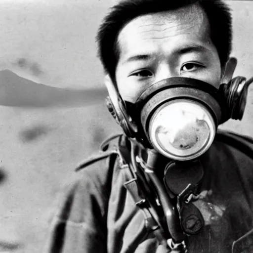 Image similar to 8 k uhd portrait from asian guy wear gas mask in 1 9 4 5, uhd details, national geography winning photo contest