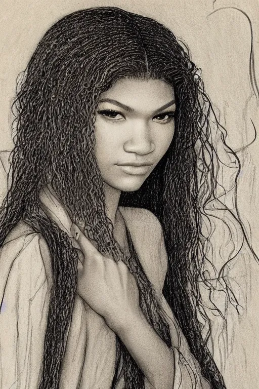 Prompt: a portrait of zendaya in the style of leonardo da vinci drawing,, single head, no double head,