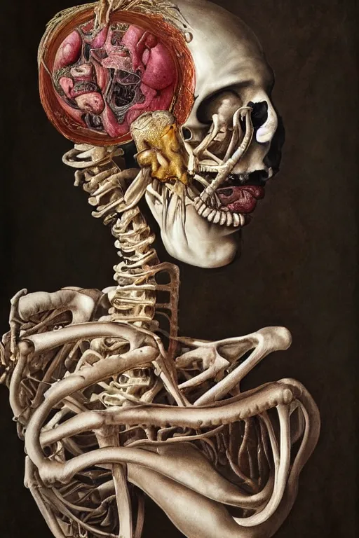 Image similar to Detailed maximalist portrait of a greek god with large lips and eyes, scared expression, botanical anatomy, skeletal with extra flesh, HD mixed media, 3D collage, highly detailed and intricate, surreal illustration in the style of Jenny Saville, dark art, baroque, centred in image